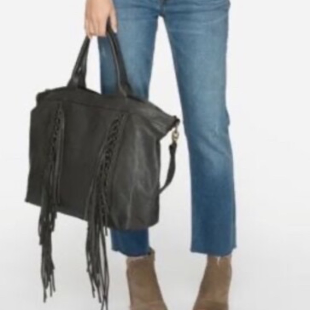 Johnny Was Large Ariana Deep Graphite Greyโ Italian Goat Leather Fringed Tote